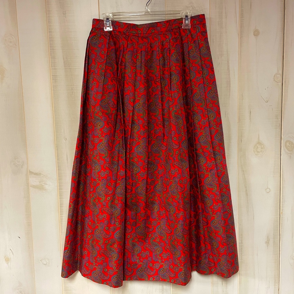 Vintage Orvis Red Blue Green Paisley Pattern Pleated A Line Maxi Skirt Sz 14